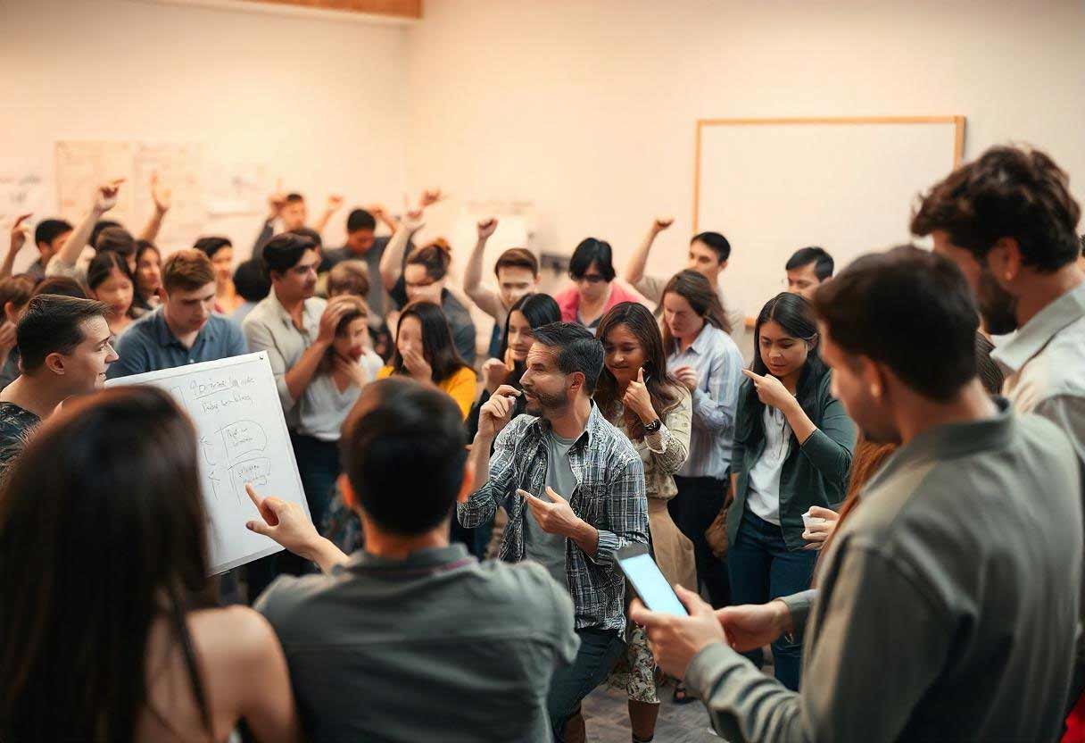A lively room filled with people playing various charades-like games. Some frantically sketch on whiteboards, others gesticulate wildly, and a few use smartphones, showcasing the diverse and exciting world of charades variations.