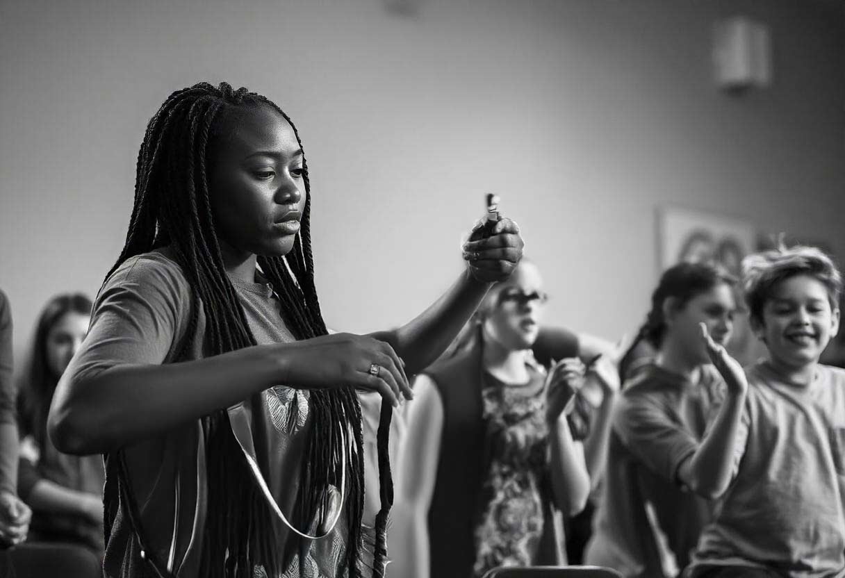 A person acting like she is playing a guitar while others watch and cheer