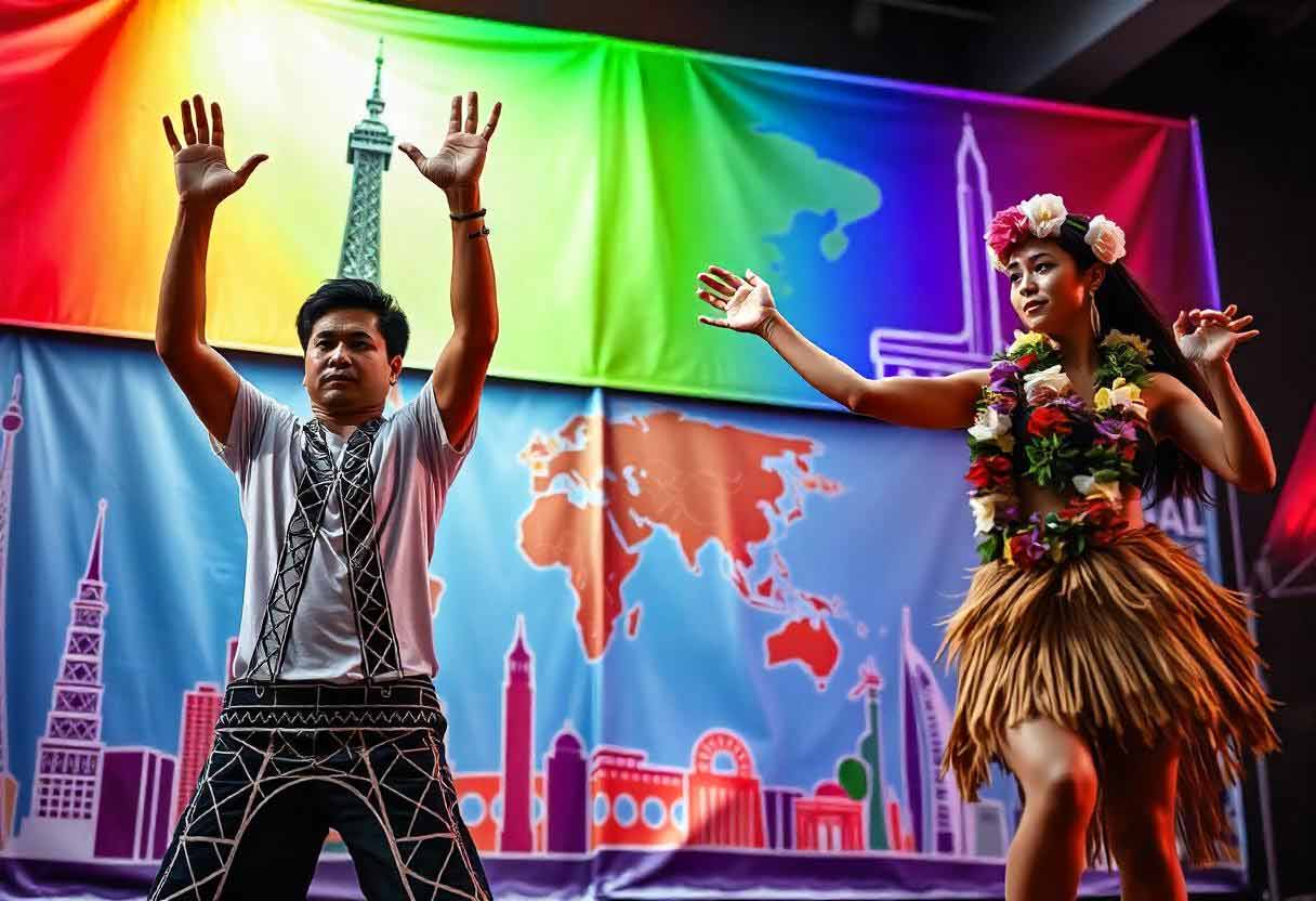 Players enthusiastically act out global landmarks and cultures. One mimes the Eiffel Tower while another performs a hula dance, showcasing the diverse, world-spanning nature of the game.