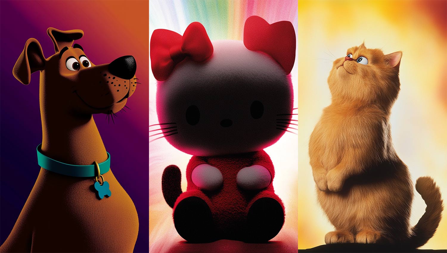 Stylized silhouettes or icons of well-known pets (Garfield, Scooby-Doo, Hello Kitty), each with a bold, colorful background.