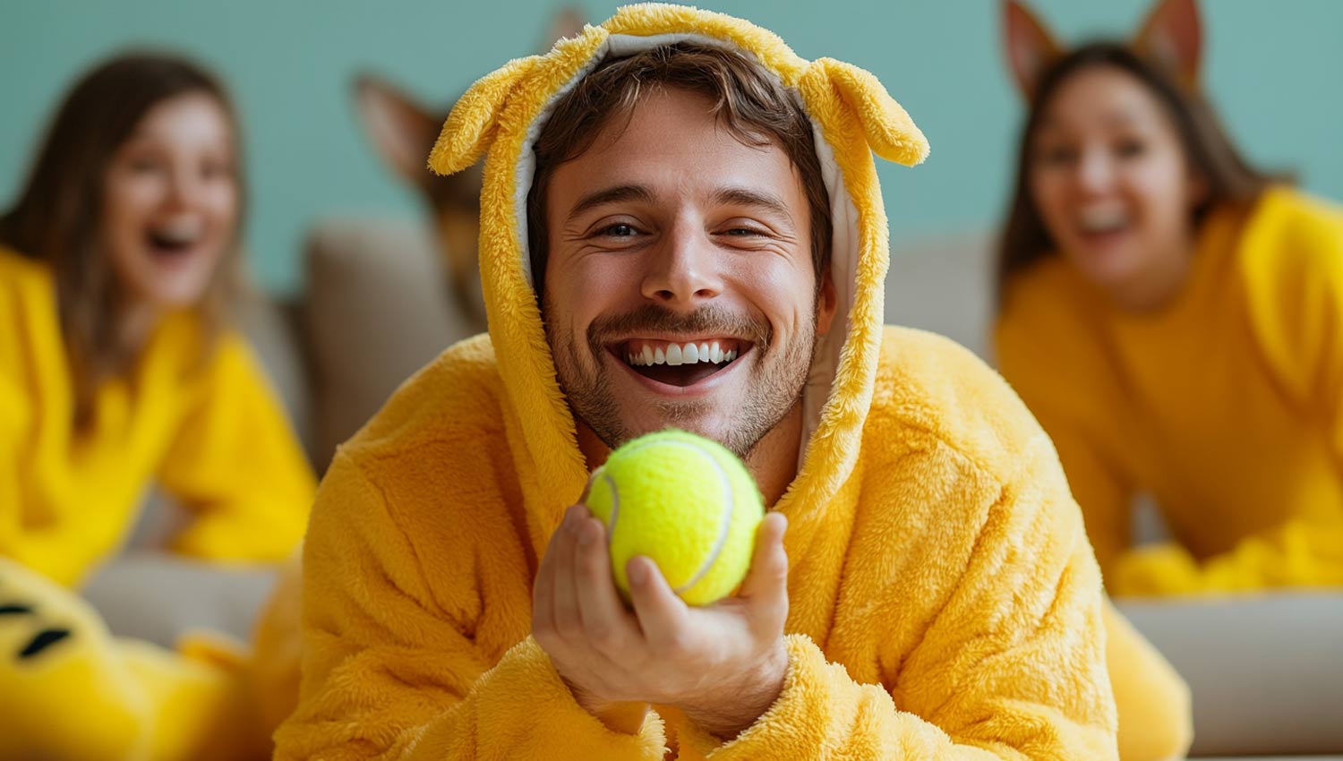 A single player dramatically miming “taking a bath” or “playing fetch,” surrounded by small icons (soap bubbles, tennis ball) while others laugh in the background.