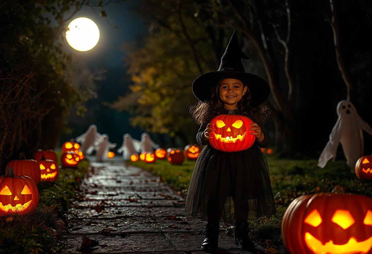 A spooky scene featuring glowing pumpkins, swirling ghosts, and someone acting out a trick-or-treater