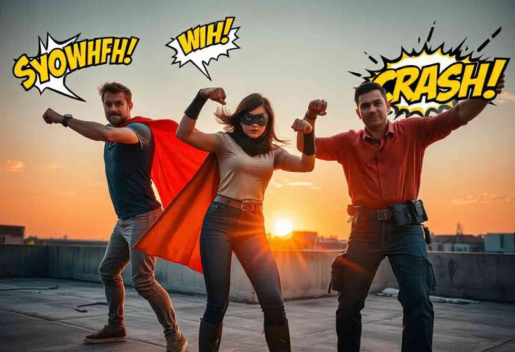 A group of people acting out superhero moves with comic-style effects