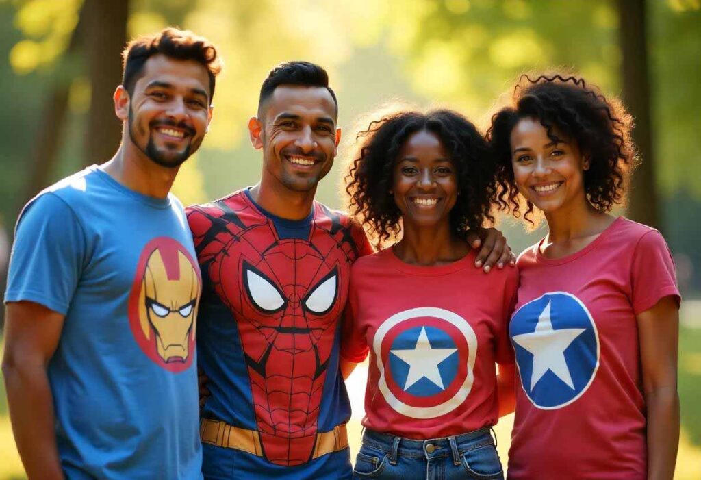 a group of people wearing marvel tshirts