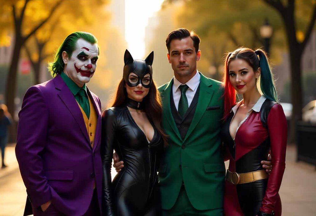 a group of people wearing famous supervillains costumes