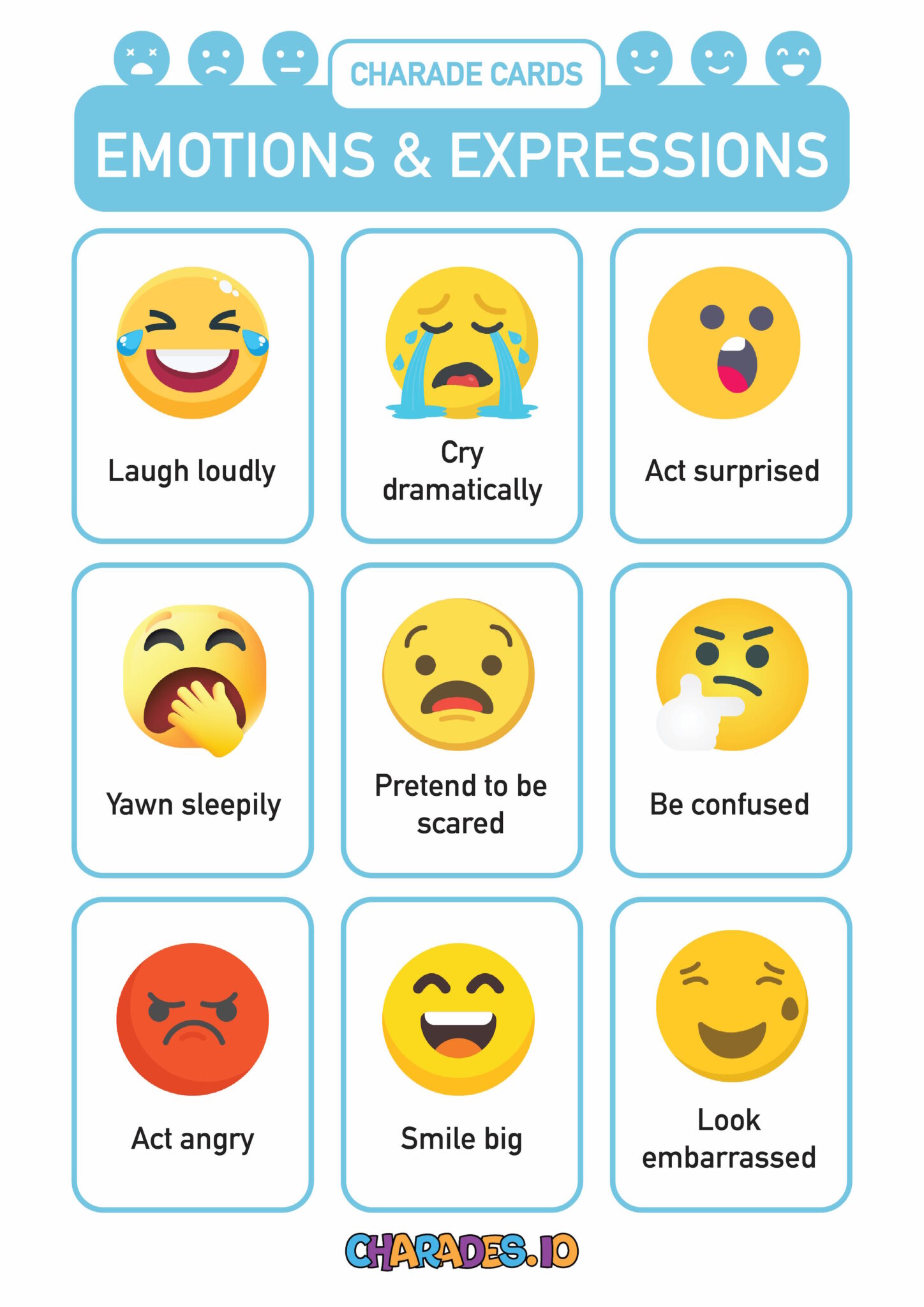 10 Free Printable Charades Cards - Charadecards Emotions And Expressions 1448x2048