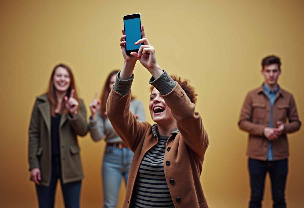 one person holding a smartphone above their head and others laughing and acting out prompts.