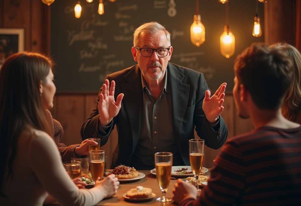 A group of friends playing charades, one person dramatically acting as a famous celebrity.