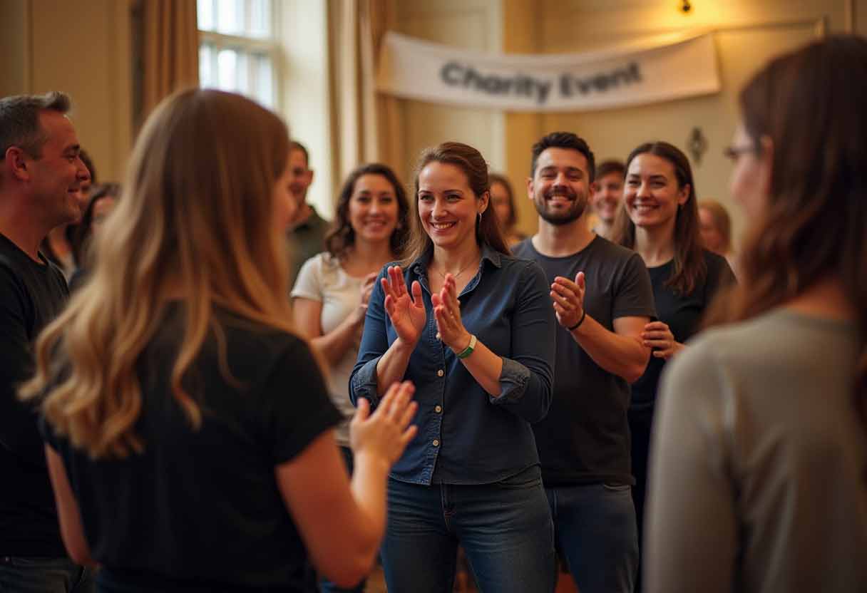 A group of people gathered around, smiling and applauding as someone finishes acting out a Charades clue at a charity event.
