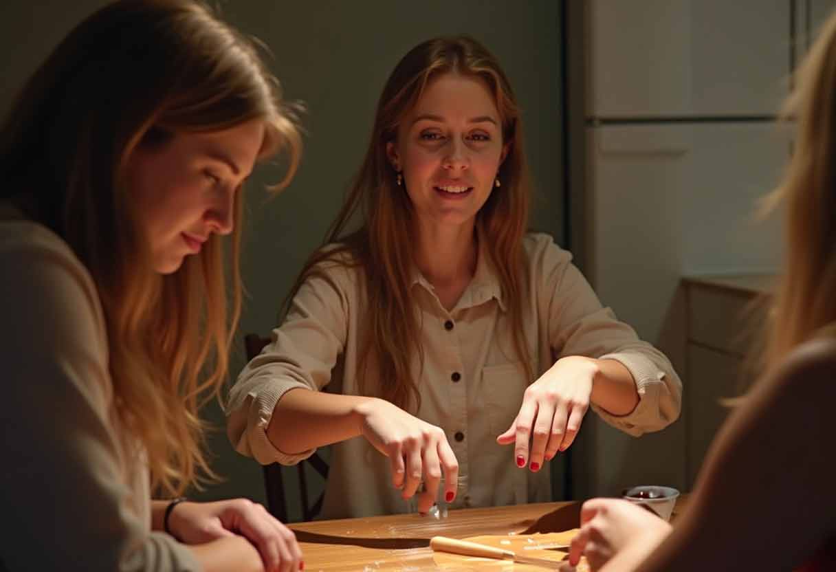 one person in front of friends acting like she's mixing something while friends try to guess what she is doing