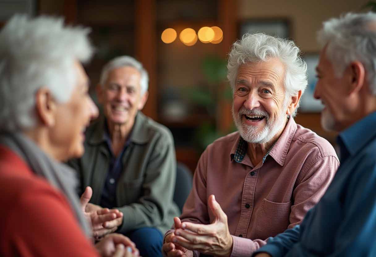 a group of seniors laughing together as they play charades