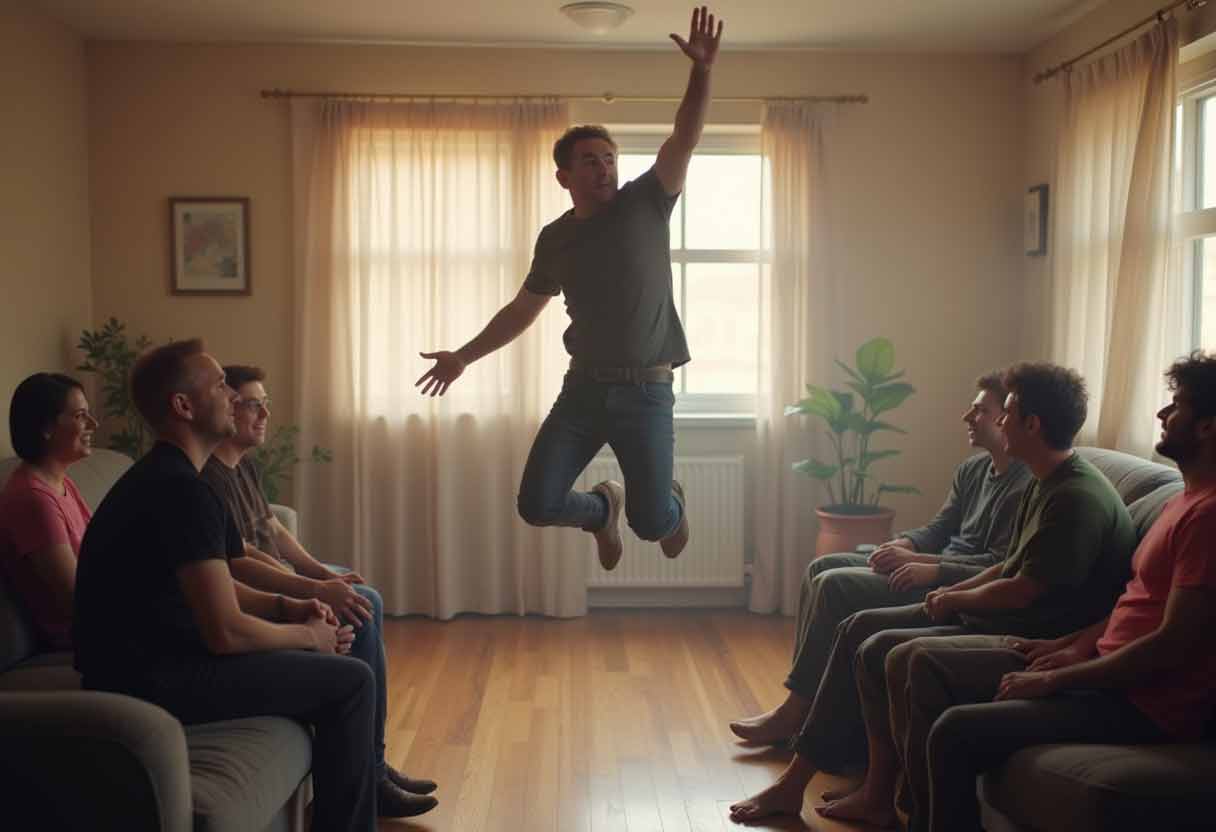 one person jumping with one arm raised in front of his friends in a room