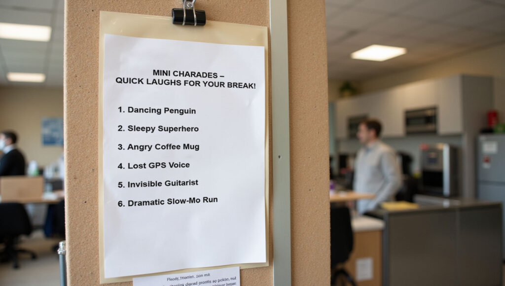 Printable Mini Charades prompt sheet pinned up in an office kitchen.