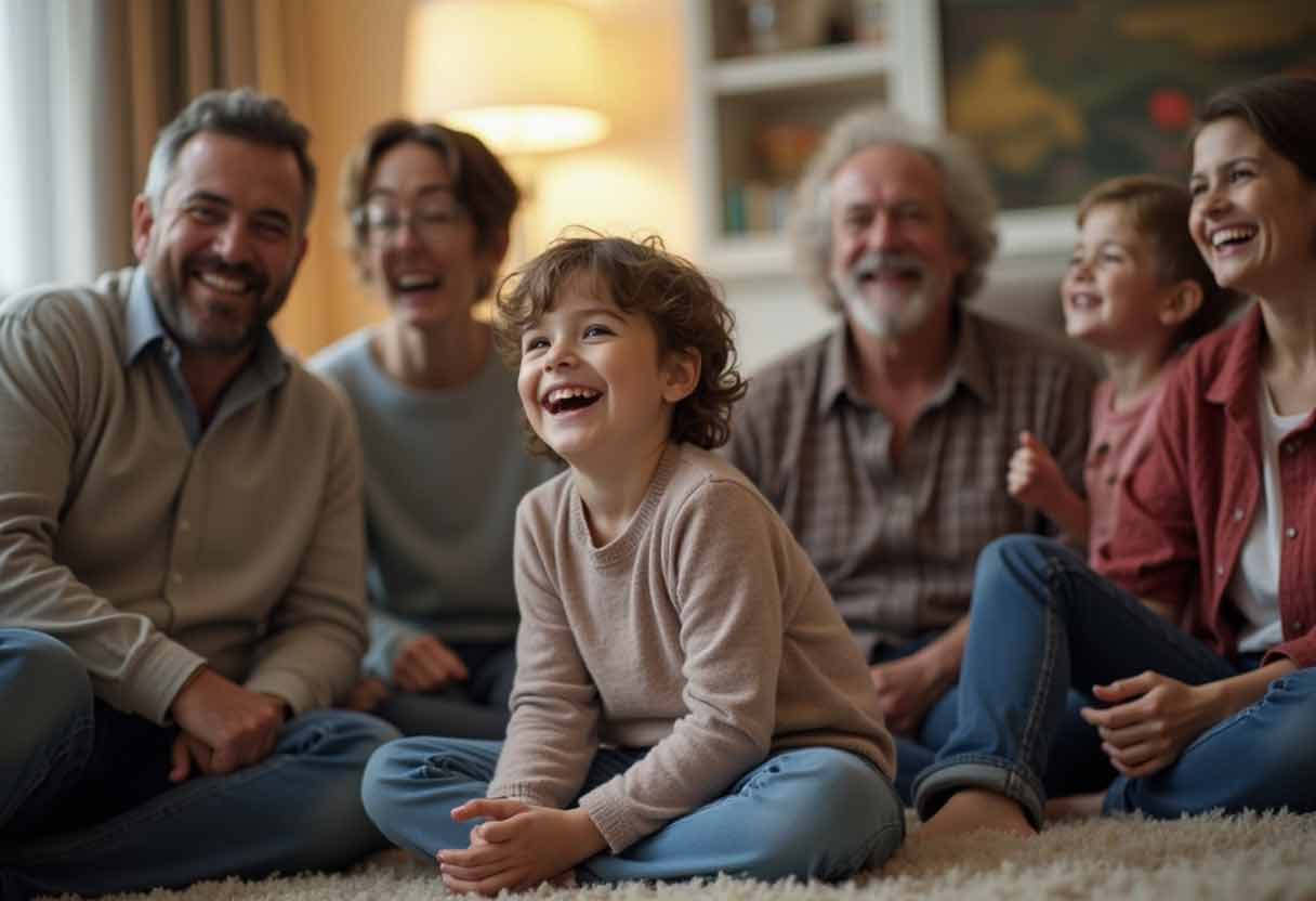 A multigenerational family laughing together in a living room while one child performs a charade prompt.