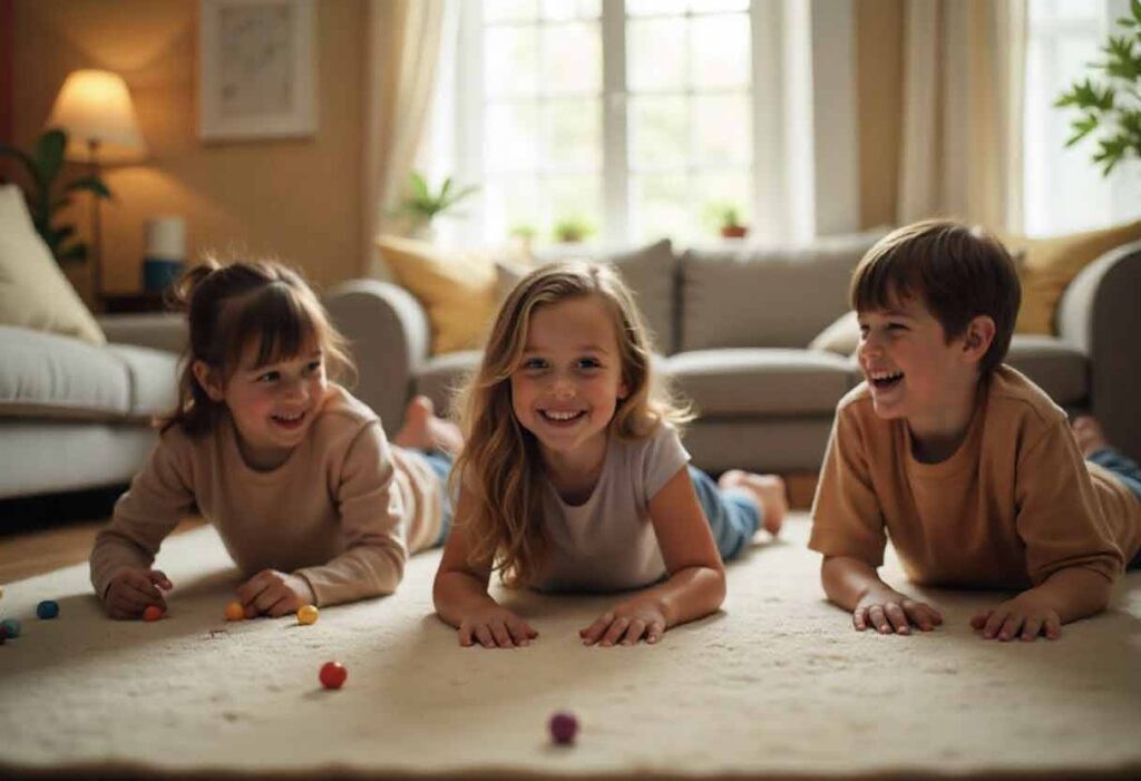 Kids crawling and flapping arms in a living room.