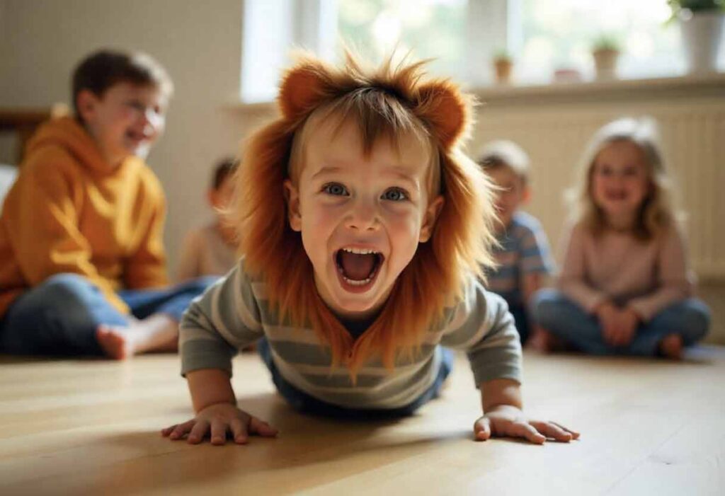 Young boy roaring and crawling like a lion in an animal Charades game.
