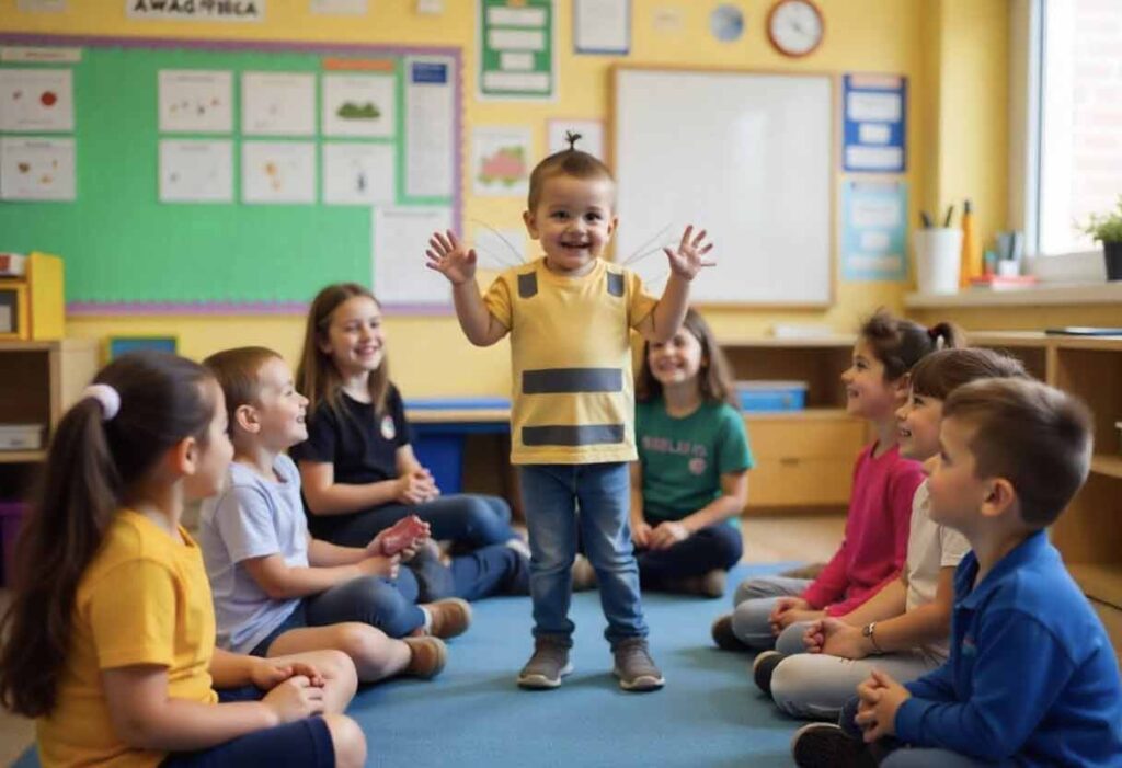Classroom playing Charades, with a child acting as a bee.