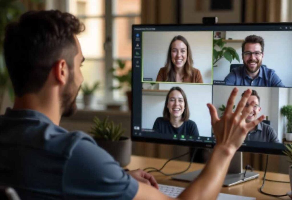 Remote worker pretending their Zoom screen froze during virtual Charades