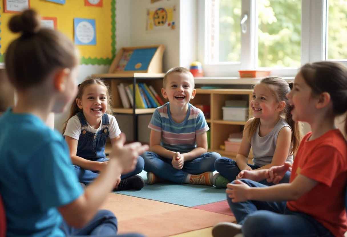 Elementary school students playing classroom Charades together