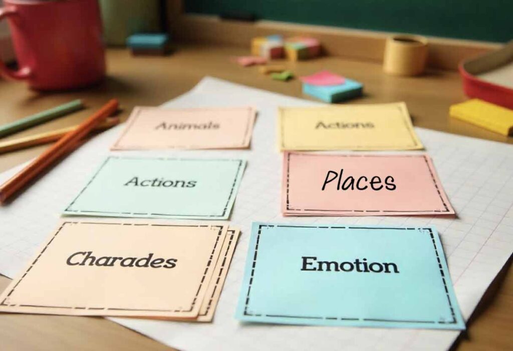 Printable Charades cards laid out on a teacher’s desk.