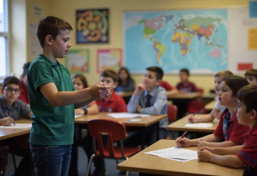 A student miming a compass or globe in a social studies round.