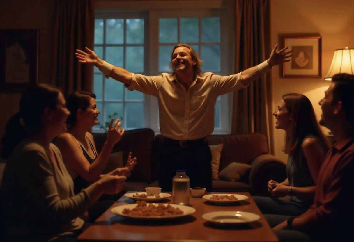 Player acting out a famous Titanic scene during Charades night