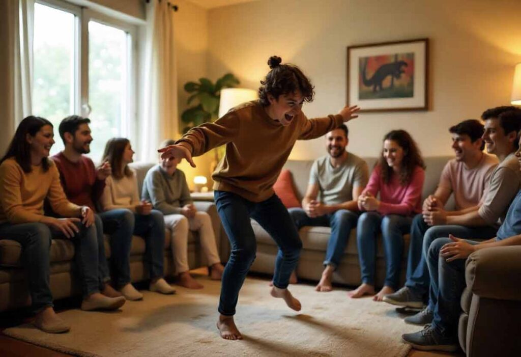 Family game night featuring a Charades scene from Jurassic Park