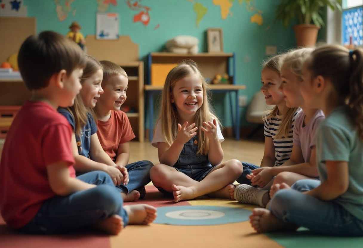 Kids sitting in a circle while one acts out a silly mystery.
