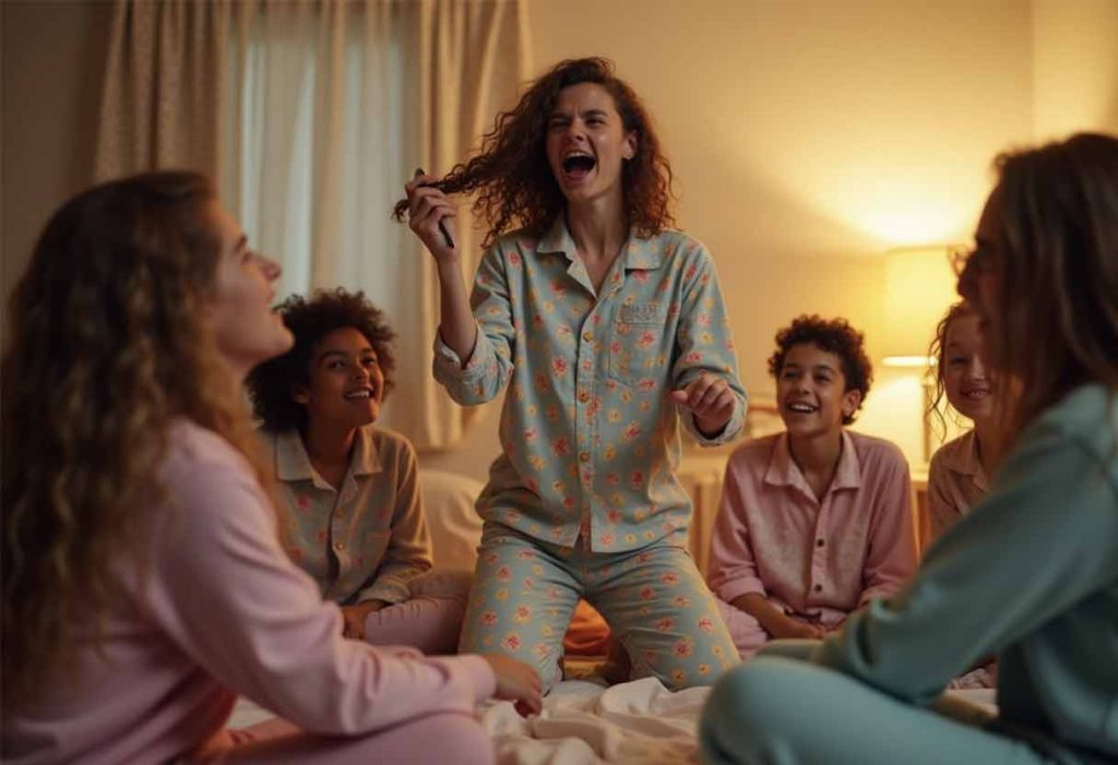 Group of teens in pajamas laughing while one person acts dramatically with a hairbrush.