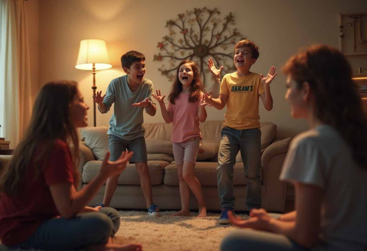 Kids and teens playing charades, acting dramatically while friends laugh.