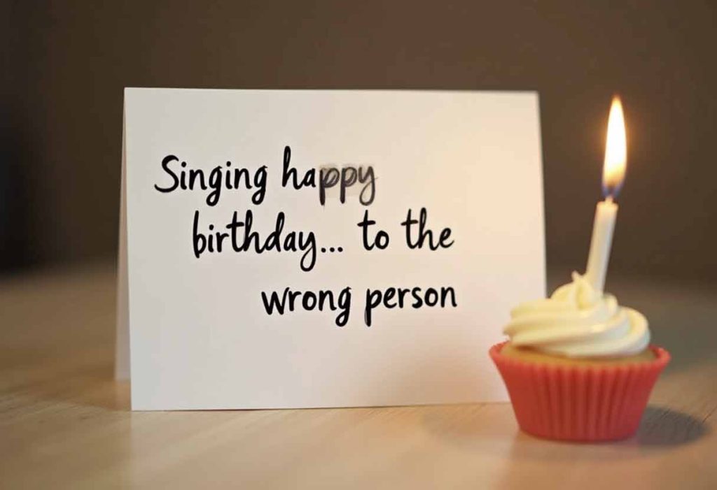 White card reading “Singing happy birthday... to the wrong person” beside a cupcake with a lit candle.