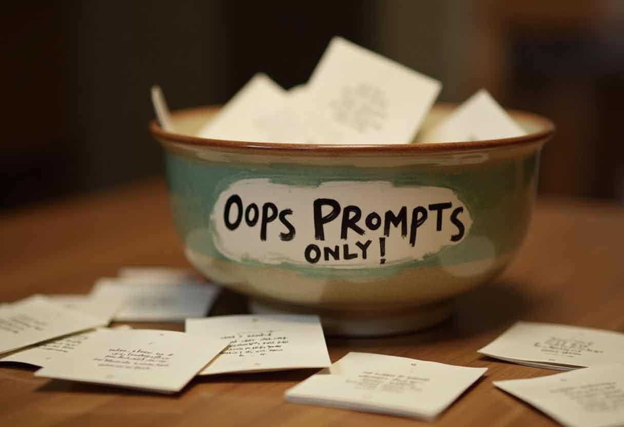 Bowl labeled “Oops Prompts Only” with prompt cards spilling onto the floor.