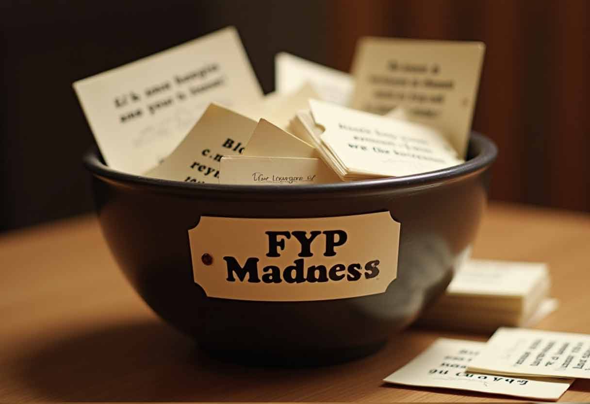 Bowl of charades prompt cards labeled “FYP Madness.
