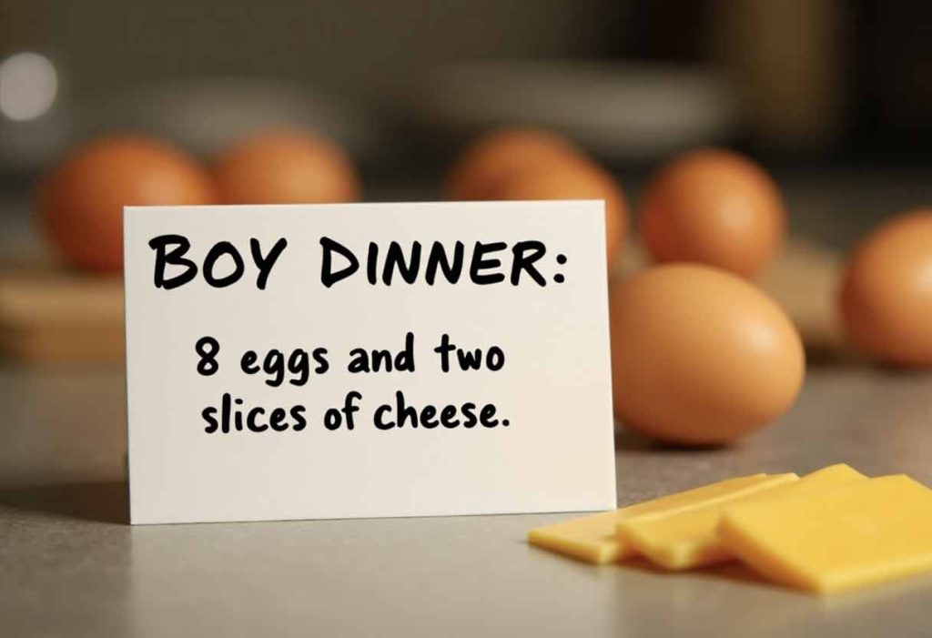 White card reading “Boy Dinner: 8 eggs and two slices of cheese” with eggs and cheese in the background.