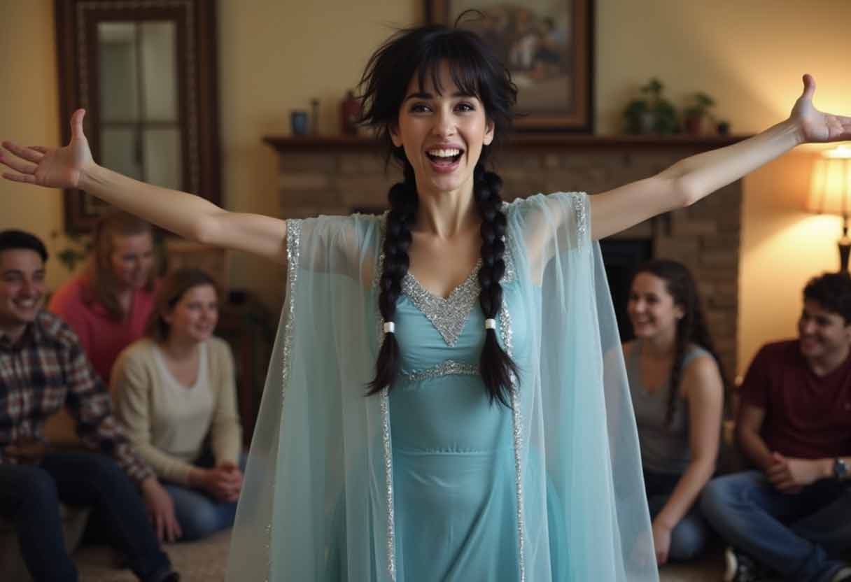 Person in a bedsheet and tinsel cape pretending to be Elsa in a living room with laughing friends.