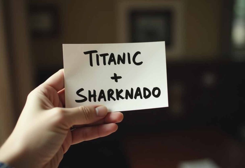 Person holding a notecard that reads “Titanic + Sharknado.”