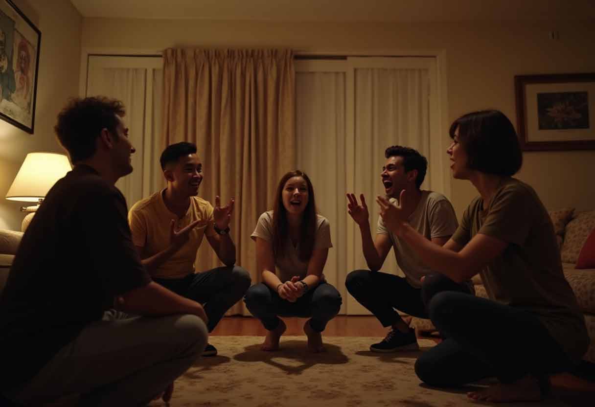 Five friends mid-pose acting out a charades scene in a living room.