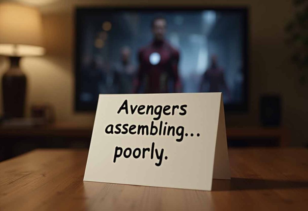 White card on a table with “Avengers assembling… poorly” and a blurred Avengers movie playing on TV in the background.