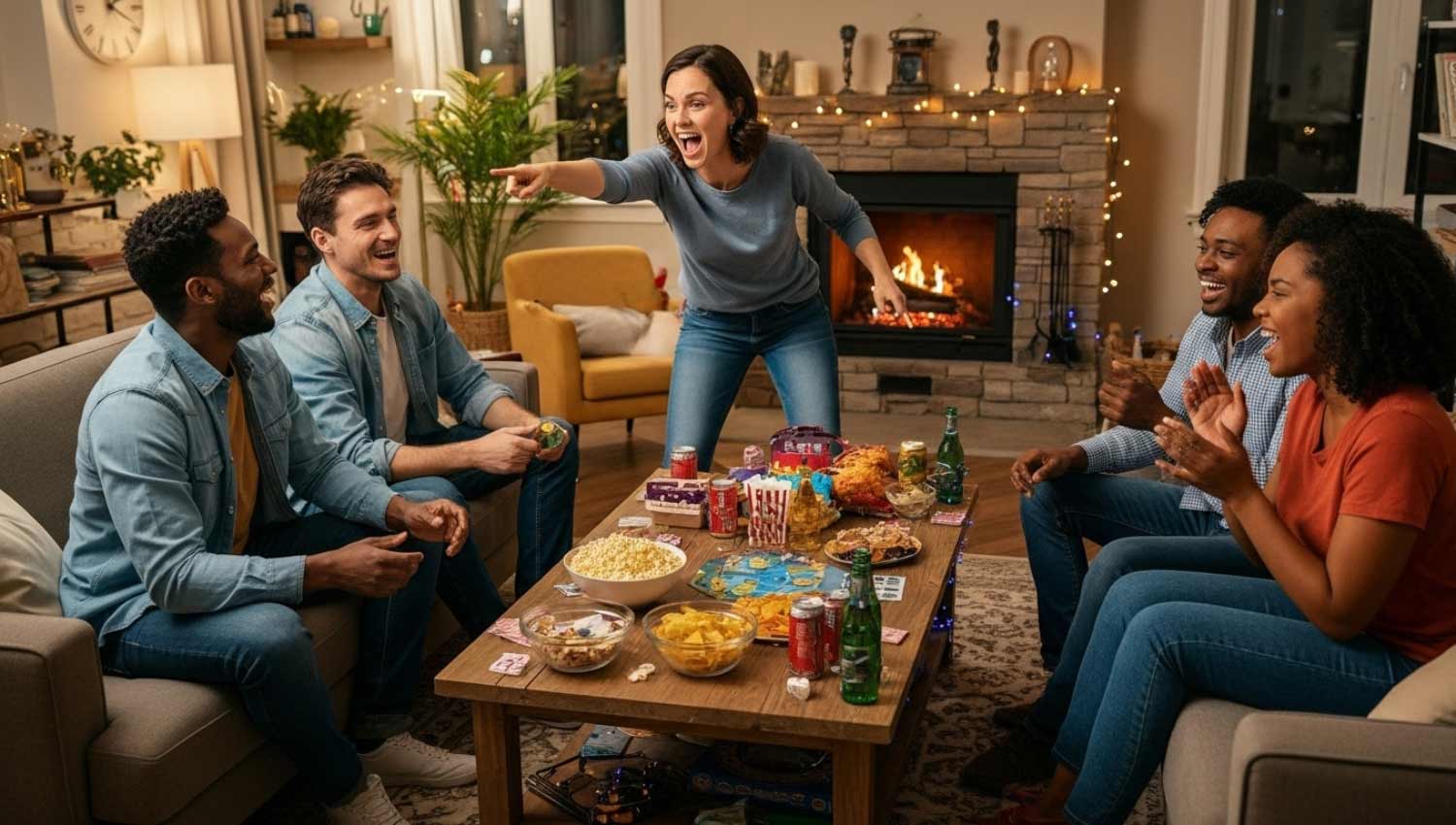 Group playing meme-themed Charades in a living room.