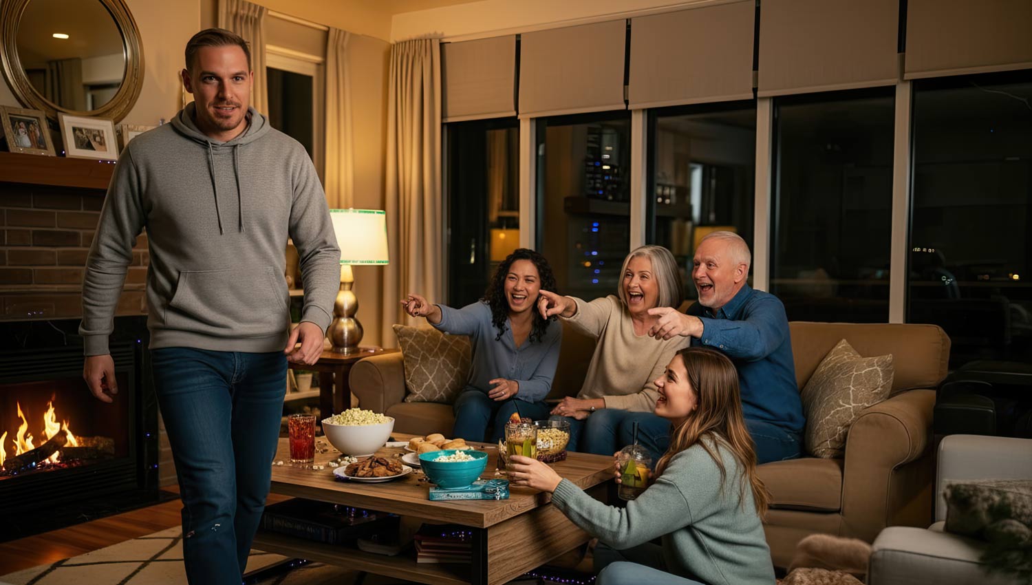 Friends and family playing Charades with online prompts.