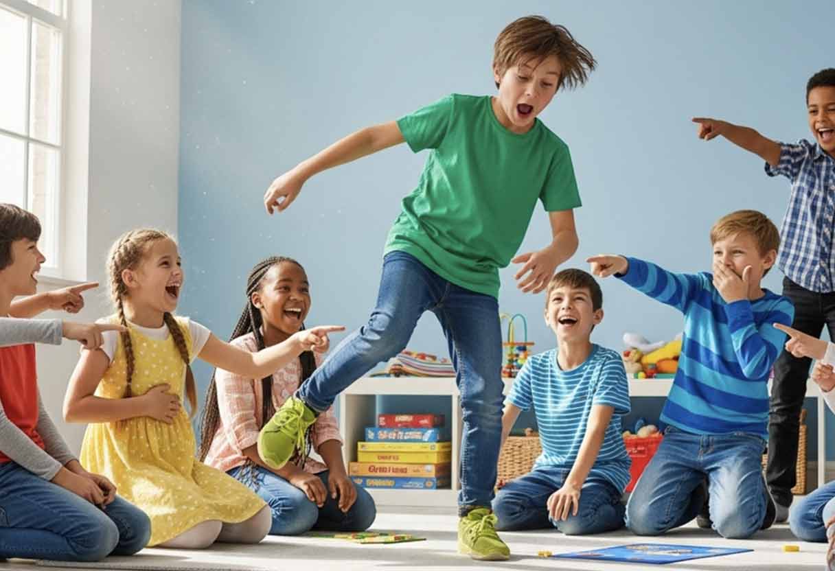 Kids laughing while watching a friend mime tripping on invisible stairs.