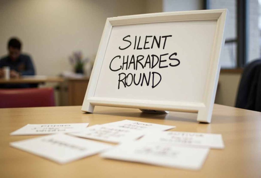 Game setup with a whiteboard labeled “SILENT CHARADES ROUND” and scattered prompt cards.