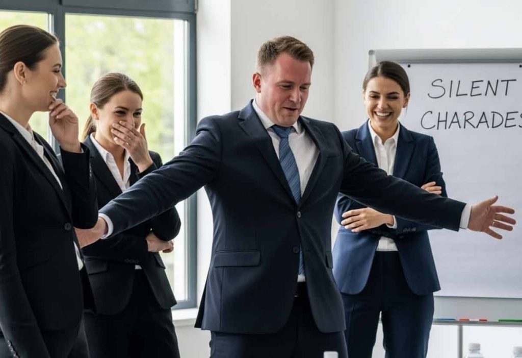 A realistic scene of office coworkers in suits at a company retreat, standing in a casual meeting room. They are miming awkwardly, acting out Silent Charades while others watch and laugh. Lighthearted and humorous atmosphere in a professional setting.