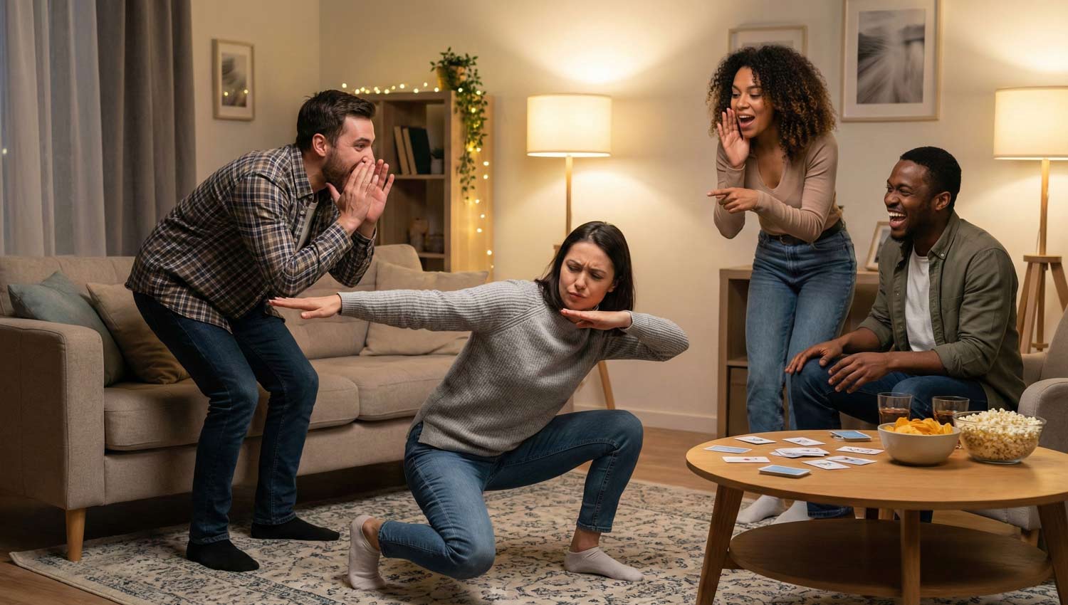 Friends laughing mid-charades, one player frozen mid-pose while others shout guesses.