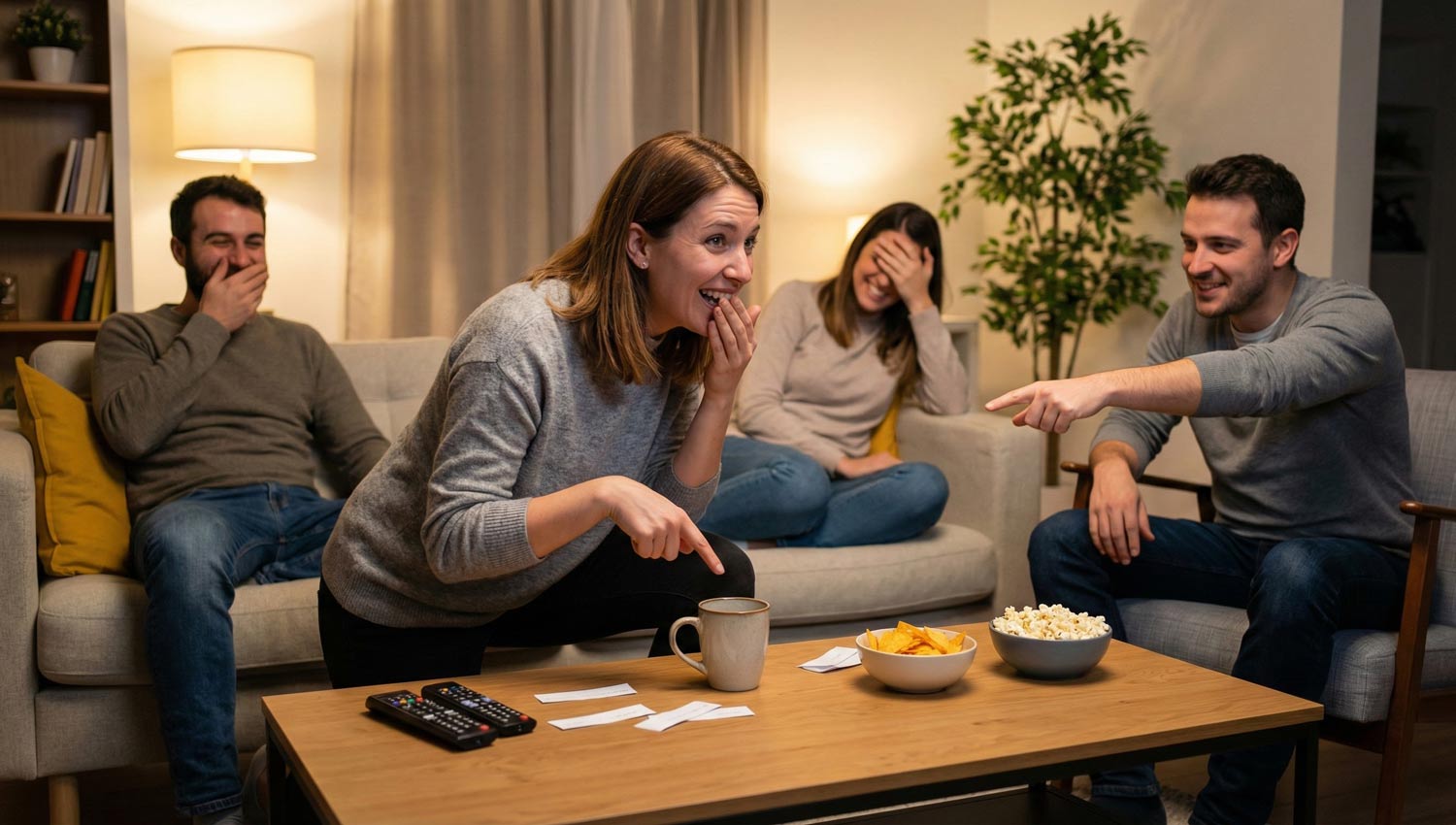 Player breaking character by pointing at real object during charades.