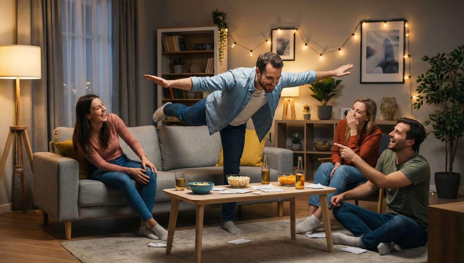 Player miming airplane while teammates laugh at multiple wrong guesses.