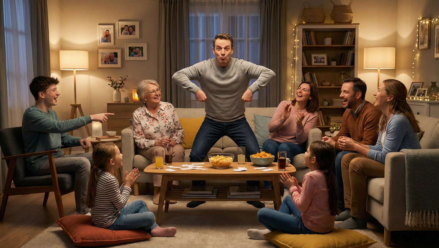 Multigenerational family laughing together mid-charades round.