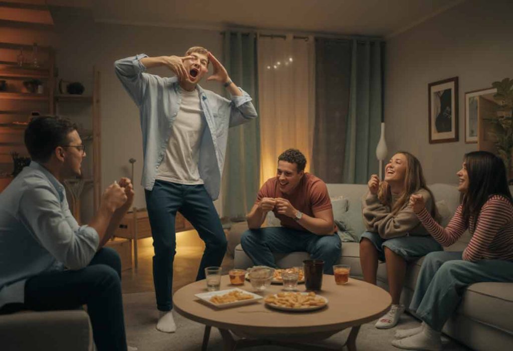 Friends playing charades while one person mimes a TikTok dance