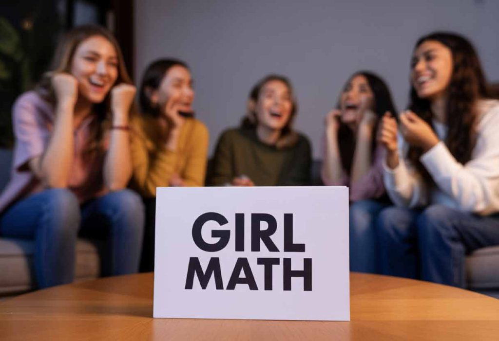 White card with “Girl Math” on a table, friends playing charades blurred in the background.
