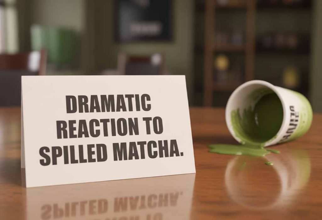 White card with “Dramatic reaction to spilled matcha” on a table, blurred background showing a spilled matcha cup.